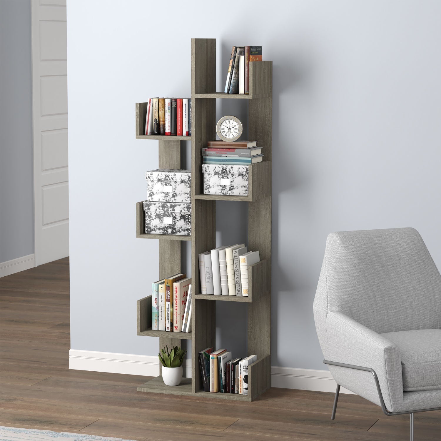 Wall Shelf Dark Taupe 8 Staggered Shelves Concept - DecoElegance - Standing Shelf