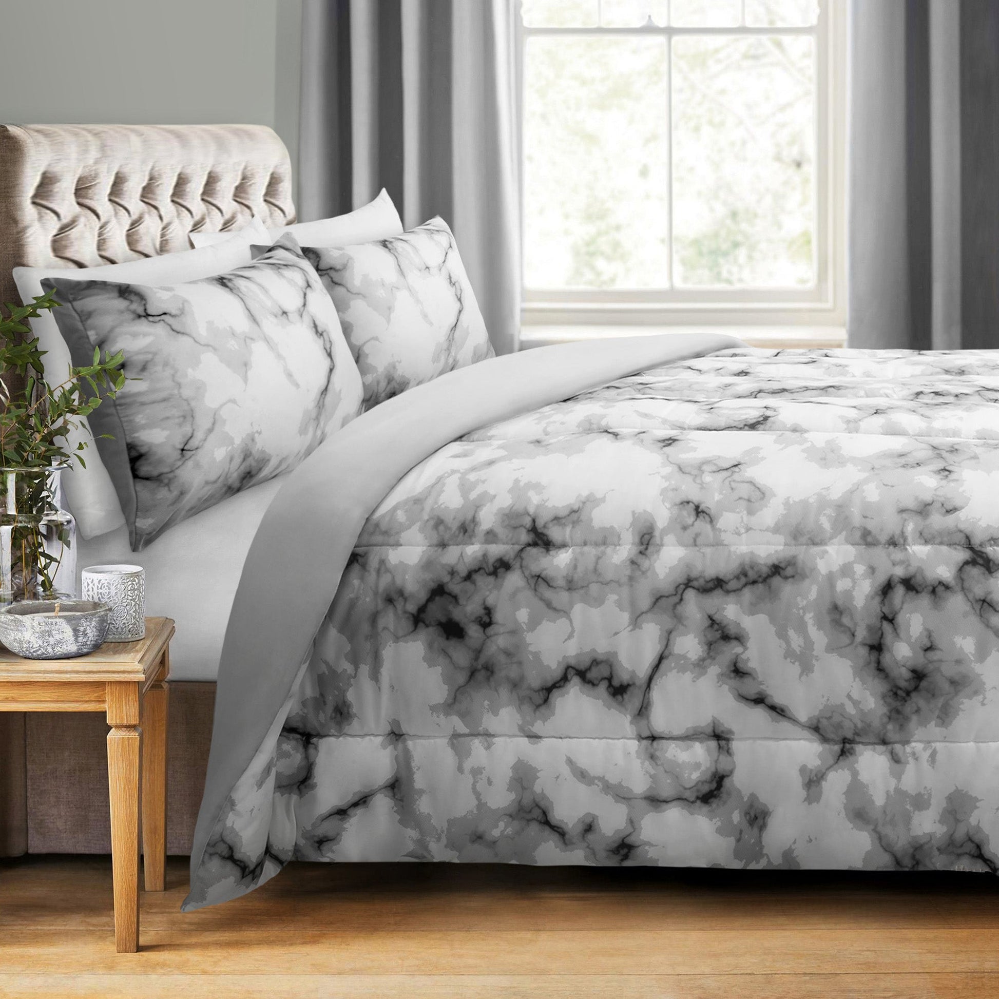 Wov Printed/Solid Comforter Bedding Set 3 Piece Double/Queen Marble Grey - DecoElegance - Bedding Comforter Set