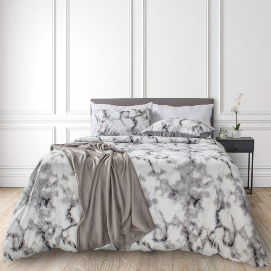 Wov Printed/Solid Comforter Bedding Set 3 Piece Double/Queen Marble Grey - DecoElegance - Bedding Comforter Set