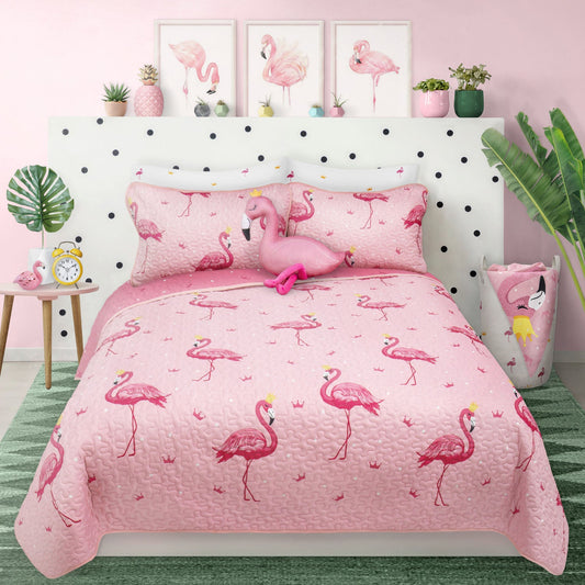 Woven Printed Quilt Bedding Set 2 Piece Twin Flamingo - DecoElegance - Bedding Quilt Set